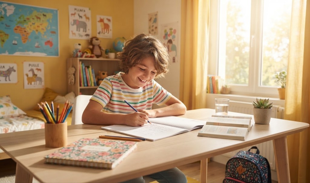 Enfant concentré qui révise au calme à son bureau